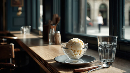 Vanilla ice cream in glass bowl on wooden cafe table by sunlit window with urban street view