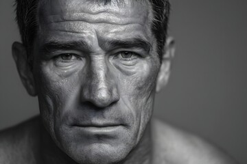 Close-up portrait of a mature man in black and white, showcasing strong facial features