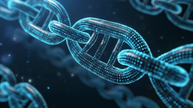 Close-up of a digital blockchain chain composed of interconnected links with binary code patterns and blue light