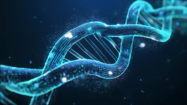 Abstract glowing blue DNA double helix structure with swirling particles and light effects on a dark background
