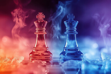 Glass chess queens poised on ice with fire and smoke in the backdrop, symbolizing rivalry, tactics, and contrast