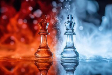 Glass chess queens poised on ice with fire and smoke in the backdrop, symbolizing rivalry, tactics, and contrast