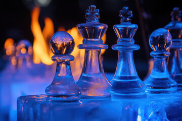 Glass chess queens poised on ice with fire and smoke in the backdrop, symbolizing rivalry, tactics, and contrast