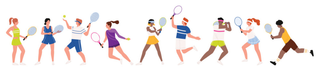 People play tennis set, actions of female and male players on court. Athlete characters holding rackets to play, young man and woman jumping for ball on tennis match cartoon vector illustration