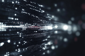 Abstract futuristic background with glowing blue particles forming wavy surface and bokeh effect