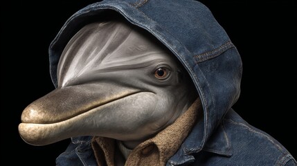 Dolphin wearing denim hoodie, showcasing unique anthropomorphic features, with a focus on expression and personality, creating a whimsical and imaginative character concept