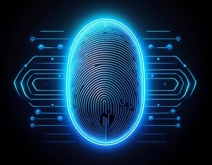 blue neon fingerprint scan glowing in dark symbolizing digital security