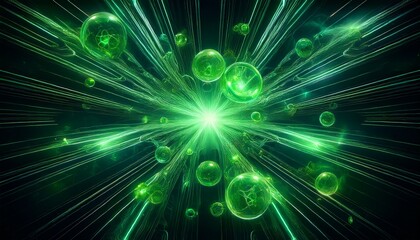 glowing green energy symbols float in darkness creating abstract and futuristic scene