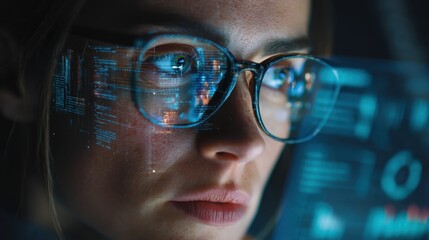 A woman looks closely at a computer screen displaying data and graphs while wearing glasses. She is in a dark room deeply focused on her task during the evening hours.