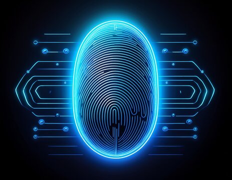 blue neon fingerprint scan glowing in dark symbolizing digital security - Powered by Adobe
