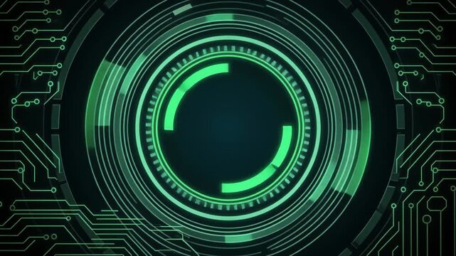 Futuristic Green Digital HUD Interface With Circular Scanner And Circuit Board Pattern technology