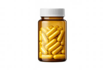 Amber glass pill bottle filled with yellow capsules, medicine, and nutritional supplements on transparent background