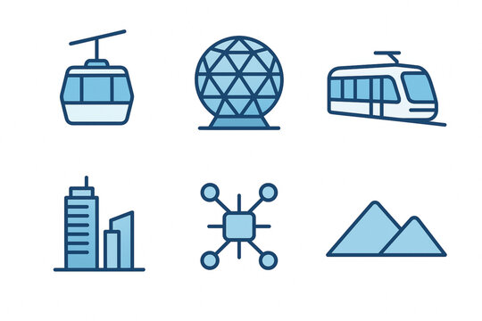 Medell&iacute;n Urban Innovation Icon Set with Metrocable, Tram and Modern Skyline