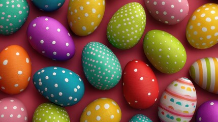 Decorated eggs in various colors and patterns are arranged on a flat surface. This scene shows festive elements for a holiday in spring. The eggs feature polka dots and stripes.