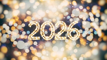 Twenty twenty six year number made of bright golden lights on festive abstract bokeh background celebrating new beginnings