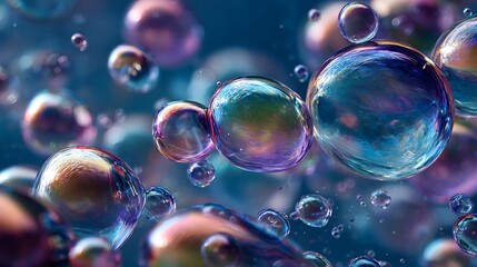 Microscopic view of cells and viruses in blue glowing spheres floating in liquid