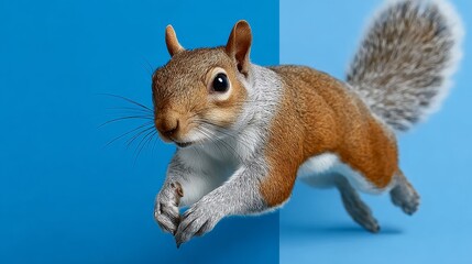 Squirrel with fluffy tail and vibrant fur, is leaping gracefully against a bright blue background, showcasing its agility and playful nature in a dynamic pose