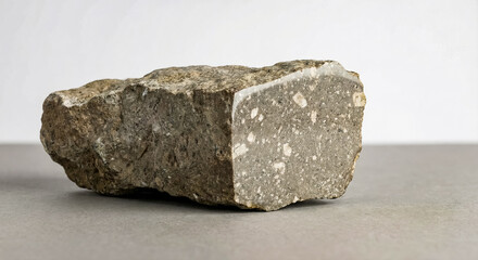 Geological specimen of trachyte with light inclusions and fine grained volcanic texture.