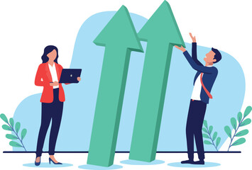 Fototapeta premium Business success arrow pointing up - Two businesspeople working with successful business growth, smiling looking at green arrows going upwards. Flat design illustration graphic on white background