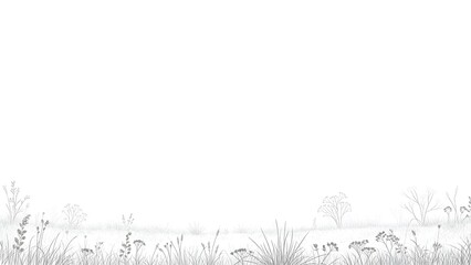Delicate botanical illustration of wild meadow grasses and wildflowers in subtle grayscale tones, forming an organic texture for elegant design backgrounds