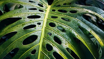 Detailed Illustration Of A Large Monstera Plant With Split Leaves Showing Water Droplets