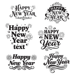 Obraz premium Set of 6 Happy New Year typography text designs in decorative hand drawn lettering style vector illustration
