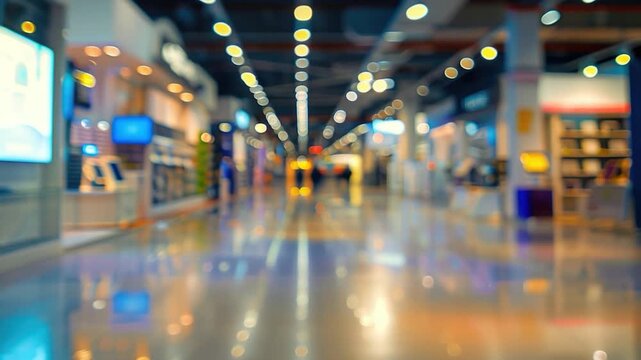 Video A blurry  of a shopping mall with modern architecture and people walking around