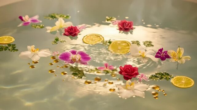 Floating flowers, lemon slices, and sparkling beads in serene bath water, spa and relaxation concept for wellness.