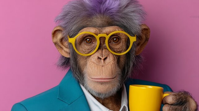 Cartoon monkey character with purple hair and yellow glasses, holding a yellow cup, wearing a blue suit, against a vibrant pink background, showcasing a playful and whimsical personality