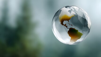 Stylized low poly crystal globe showing North and South America on blurred green nature background
