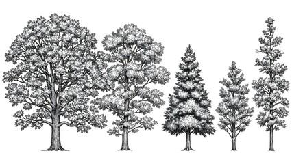 Collection of diverse trees, from broadleaf deciduous to evergreen conifers, rendered in a detailed sketch style