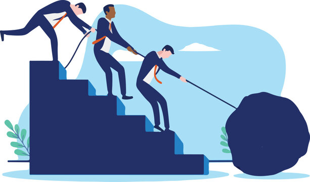 Business Teamwork - Businesspeople working hard to solve impossible problem dragging rock up stairs. Work obstacle and challenge concept. Flat design vector illustration with white background.