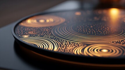 Close up of a vinyl record player lens with retro music equipment and turntable details