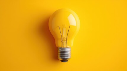 A yellow light bulb sits on a matching yellow background highlighting the design and shape. This setup illustrates ideas of creativity and energy in a simple visual manner.