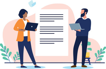 Business text writers - Two businesspeople in marketing working and writing and authoring text file document together. Flat design vector illustration on white background.