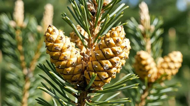 Closeup of a pine tree branch with several young pine cones in a natural forest setting showcasing the intricate details of the cones and needles under natural light.