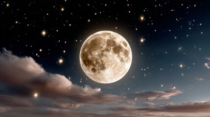 Full moon glowing brightly in a starry night sky, surrounded by soft clouds, creating a serene and magical atmosphere, perfect for nighttime landscapes and celestial themes
