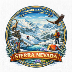 Illustrated Sierra Nevada logo featuring snow peaks, skiers, and national park wildlife