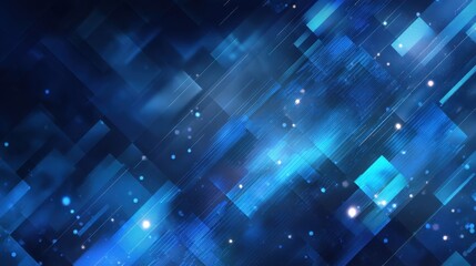 Bright blue colors and light reflections create a lively backdrop with a mix of geometric shapes and patterns during evening hours. This digital scene evokes a sense of motion.