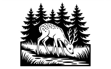 Deer grazing in forest with pine trees isolated on a transparent background 1