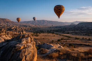 Hot air balloons soaring over Cappadocia landscape at sunrise