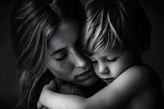 Monochromatic portrait of mother and child embracing with tenderness and love