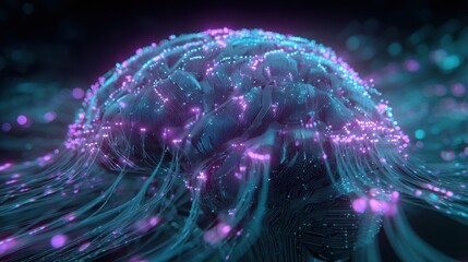 Close up of a futuristic human brain composed of luminous data nodes and circuits, sudden digital energy explosion spreading outward like