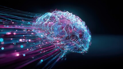 Close up of a futuristic human brain composed of luminous data nodes and circuits, sudden digital energy explosion spreading outward like