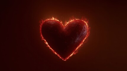Deep red heart with subtle flame like glow along the edges, dark warm background, cinematic lighting, intense emotion and desire concept, hyper