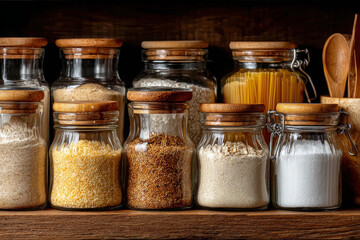 Colorful selection of spices and grains in glass jars on wooden shelf