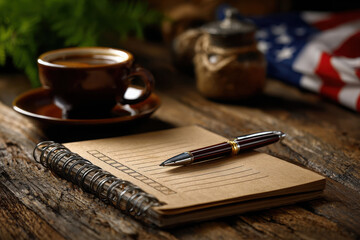 Morning coffee and notebook on a wooden table with cozy vibe