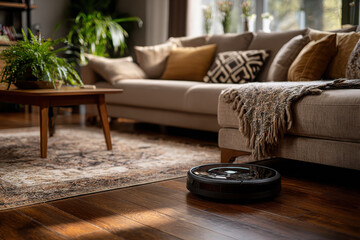 Modern living room with a robot vacuum cleaning on hardwood floor