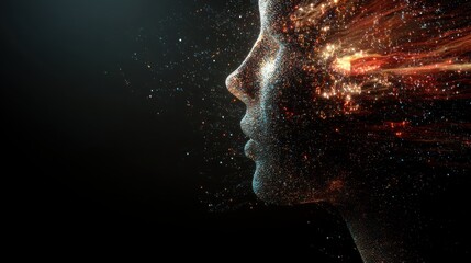 Human head profile dissolving into streams of luminous code and particles, powerful digital explosion at the point of transition between brain