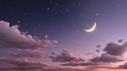 Fototapeta premium Serene night sky featuring a crescent moon surrounded by twinkling stars and soft clouds, creating a tranquil atmosphere perfect for relaxation and contemplation under the celestial beauty